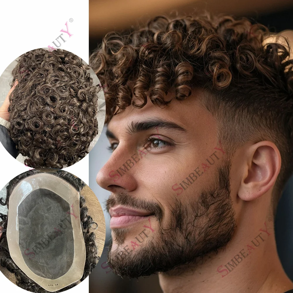 

Natural Human Hair Curly 20mm #4 Blond Men Toupee Afro 15mm/18mm Curly Hair Replacement Durable Fine Mono NPU Base for Hair Loss