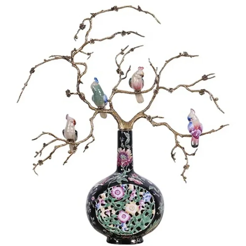 

Home Decor Classic American Vintage Ceramic Vase, Hand Painted Chinese Porcelain Black Floor Brass Vase