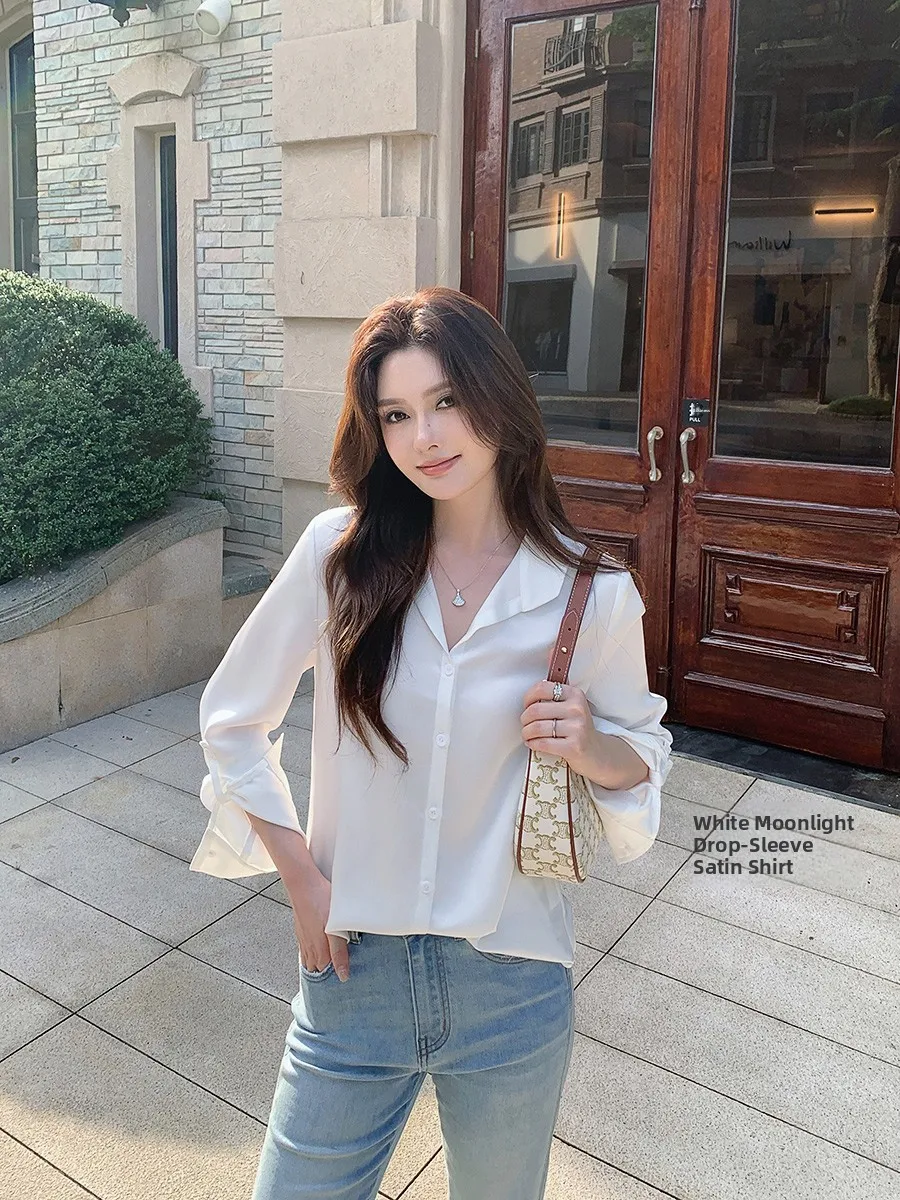 

Ms.Daoge White Silk Long Sve irt Женский Busin Commute Sle Свободный крой Pure Color Корейская версия Дышащий irt