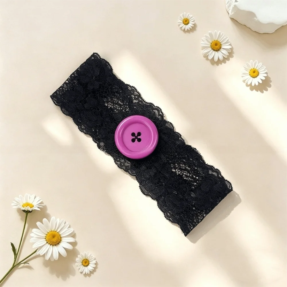 Hollow-Out Lace Floral Headbands Korean Style Street Style Button Headwrap Solid Color Wide Mesh Elastic Hair Bands Women