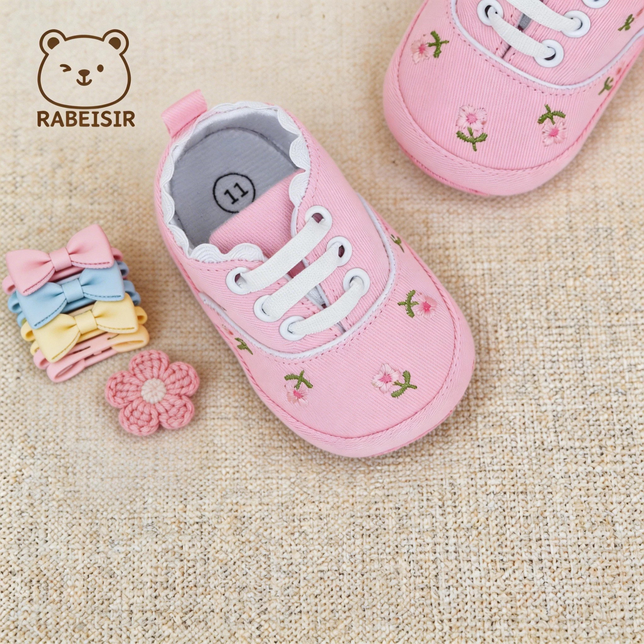 Baby Girls Infant Sneakers 0‑18M Cute Mini Flower Embroidery Faux Lace‑Up Scalloped Edge Collar Soft Sole Prewalker Crib Shoes
