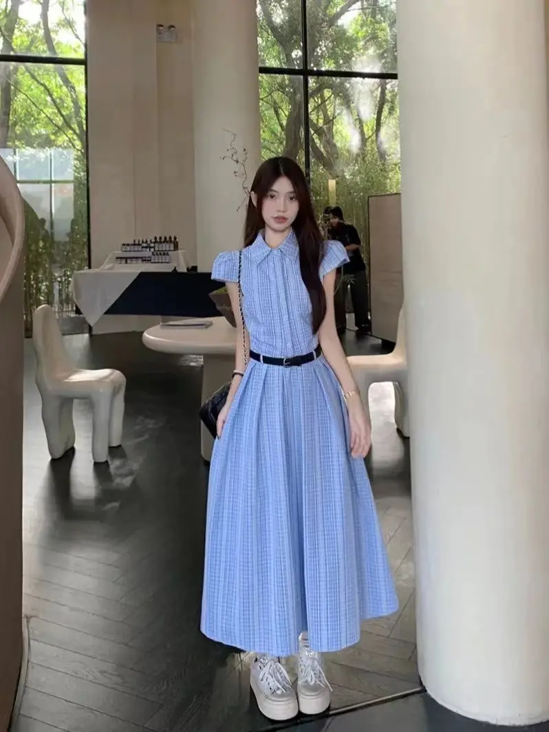 Abito da donna a righe blu manica corta con lacci volant streetwear Boho vacanza ufficio abiti da donna abiti estivi Vestido Wh39