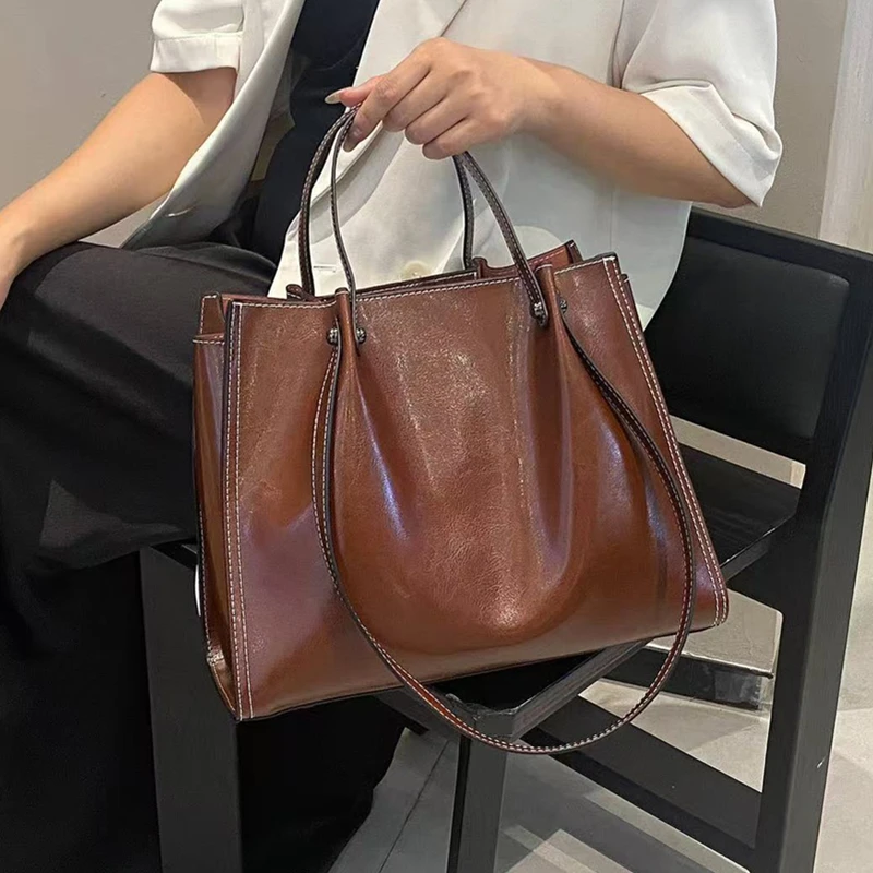 

Burminsa Cowhide Genuine Leather Tote Shoulder Bags For Women 2025 Luxury Designer Large Capacity Shopper Work Ladies Handbags