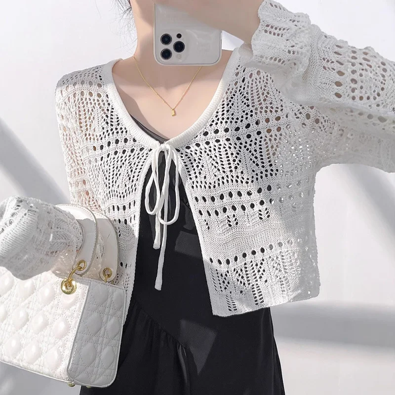 Hollow Out Tie Sun Protection Knitted Cardigan Women 2026 Summer New Elegant V-Neck Air-Conditioned Blouse Solid Vacation Top