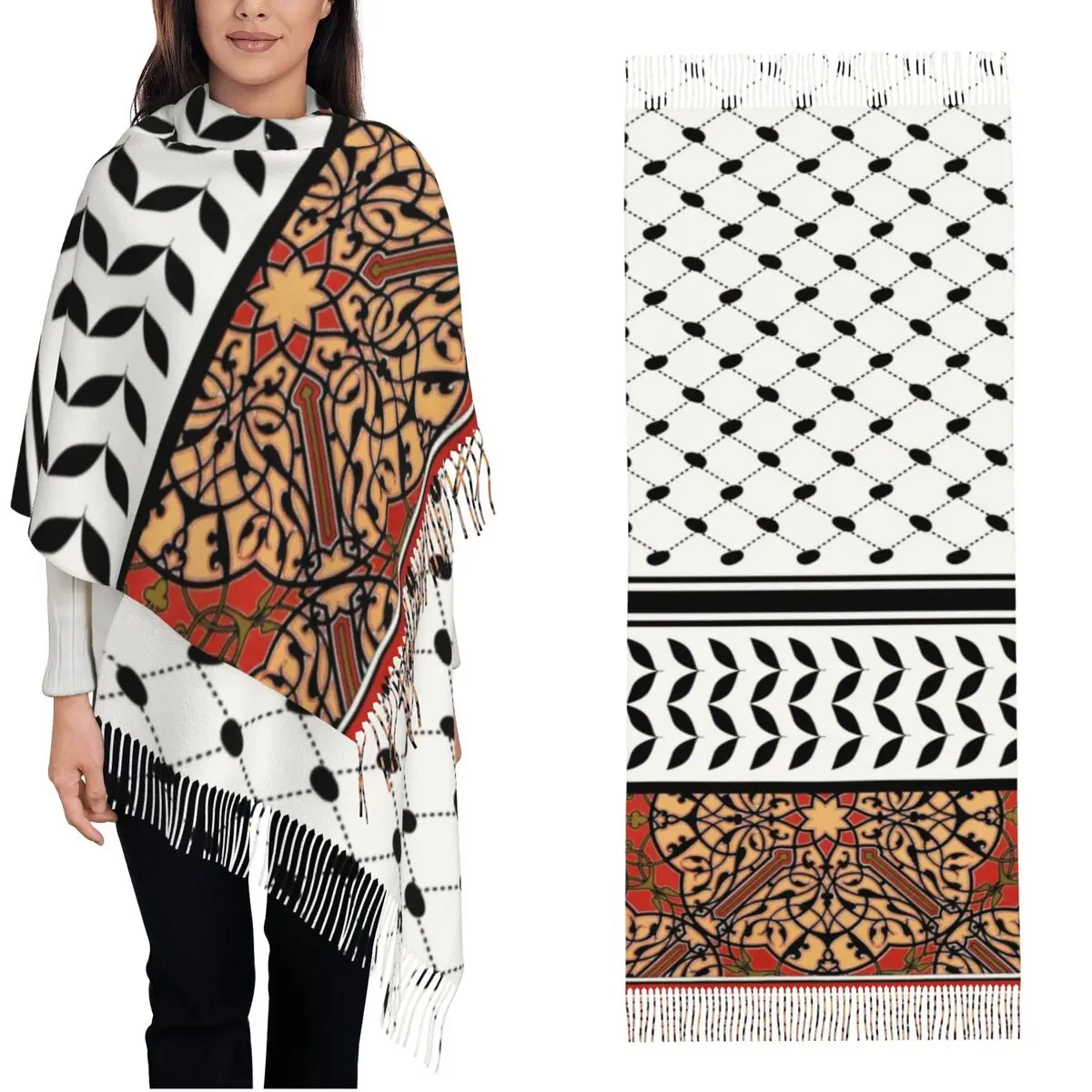 

Женский шарф, теплые мягкие палестинские большие шарфы Keffiyeh с кисточкой, арабский литограф, винтажные шали и накидки, зимняя буфанда