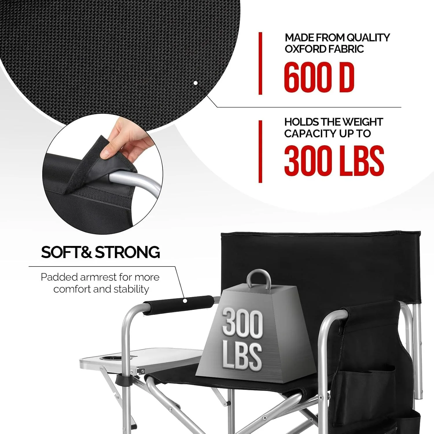 كرسي مدير قابل للطي مع طاولة جانبية، إطار فولاذي محمول لفناني المكياج بسعة 300 رطل، 19.2 بوصة عمق × 23.6 بوصة عرض × 40.5 بوصة ارتفاع