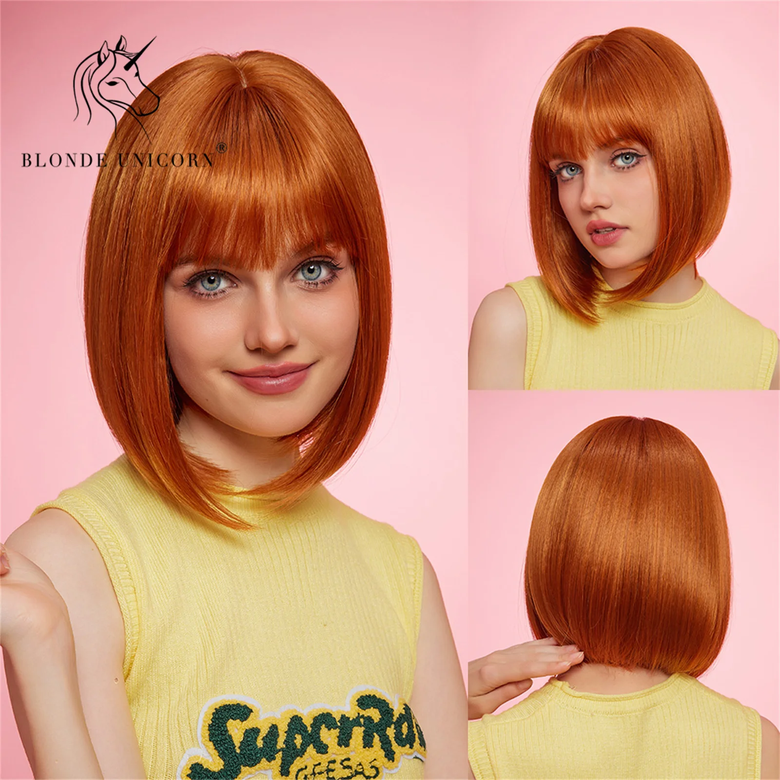 

Blonde Unicorn Orange Yellow Straight Synthetic Bob Wigs for Women Daily Party Cosplay Lolita Heat Resistant Fiber Hair