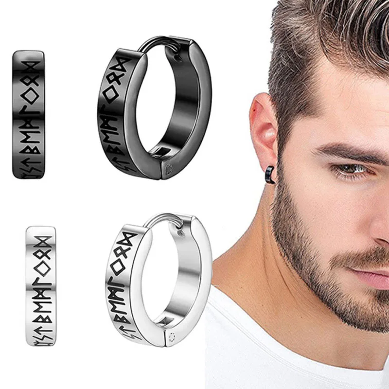 1Pair 12mm Norwegian Viking Rune Hoop Earrings For Men Woman, 316L Stainless Steel Huggie Hoop Religious Ear Piercing Jewelry