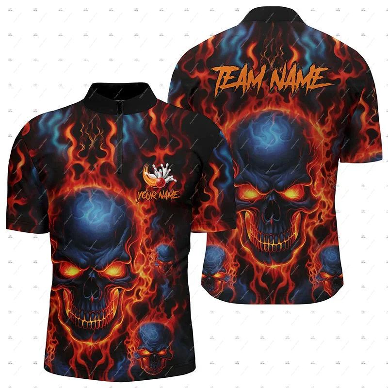 Custom Name Bowling Skull Colorful Flame Graffiti Vintage Retro 3DPrint Harajuku Summer Short Sleeve Zipper Polo Jersey Shirts T