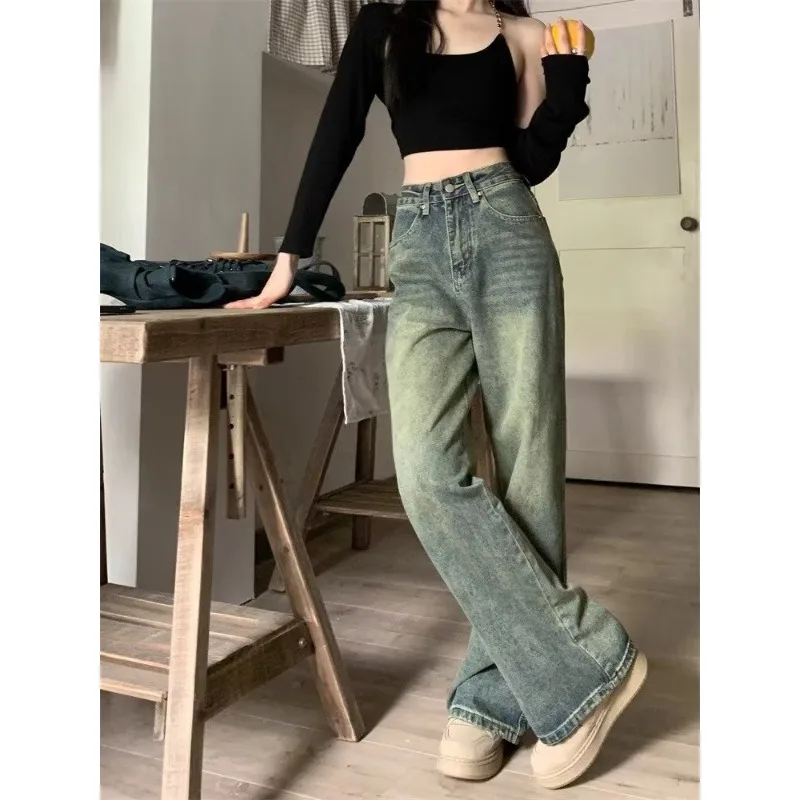 

Women's High Waist Wide Leg Jeans Vintage Washed Distressed Spring Autumn Loose Straight Denim Pants Streetwear Baggy Fit Casual