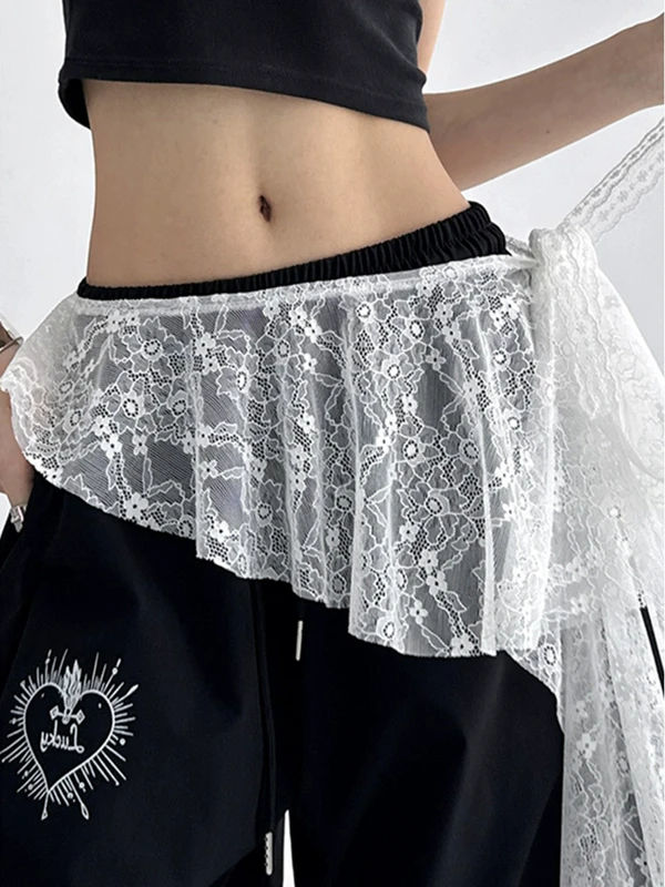 plus Size Women's Korean Style Lace Trim Skirt with Slit And Belt Summer New Arrival Half-length Apron-style A-line Skirt
