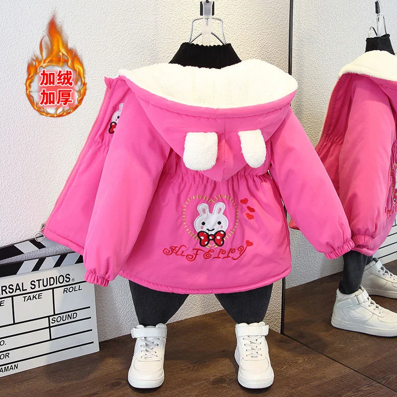 Girls Plus Velvet Thick Coats Winter Warm Kids Outerwear Fashion Baby Girl Clothing Cartoon Print Children Jackets Autumn Coats