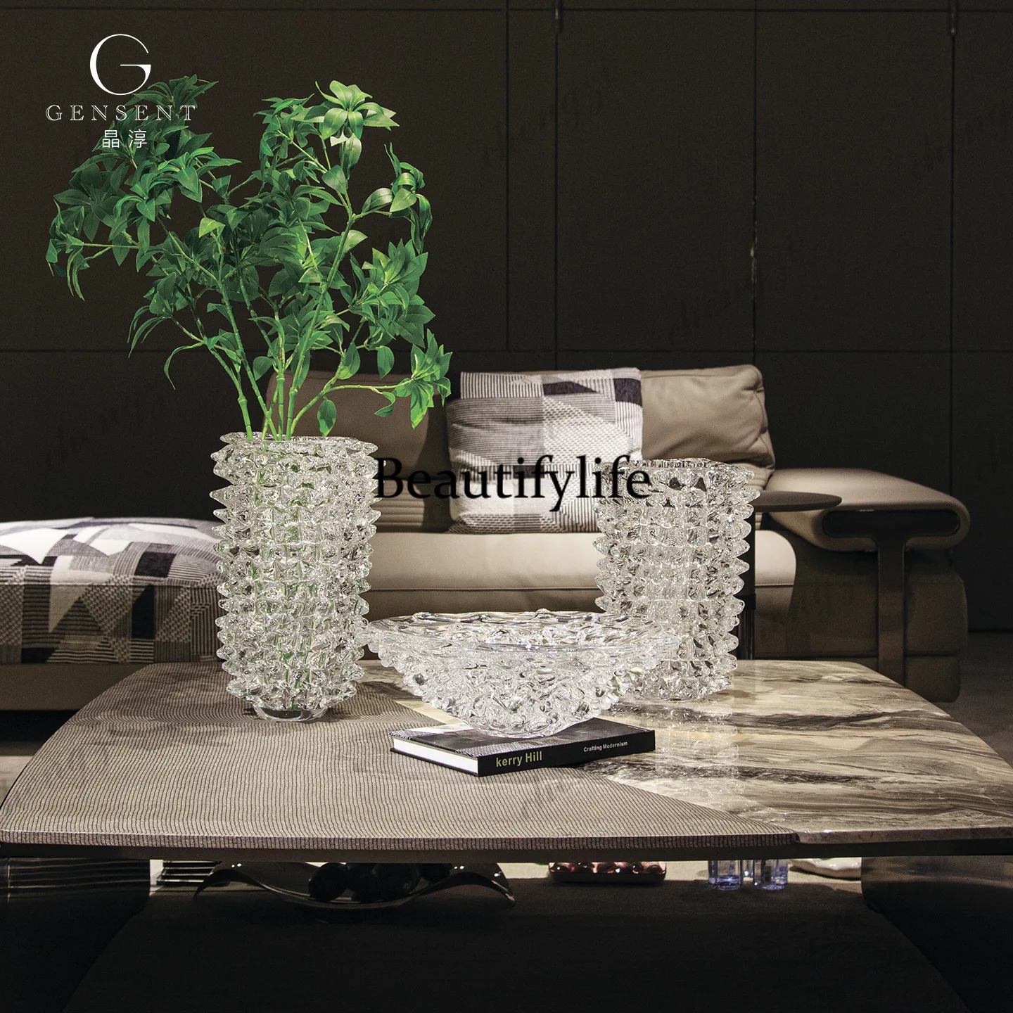 Transparent crystal glass ice thorn flower ware fruit plate household light luxury ornament high value decorative utensils