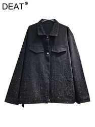 DEAT Women Denim Coat Turn-down Collar Full Diamonds Hot Rhinestone Black Loose Single Breasted Jackets 2024 Autumn New Fashion