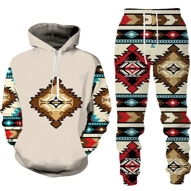 에스닉 스타일 3D 프린트 후드티 바지 세트 남성 패션 스웨트셔츠 후드티 스웨트팬츠 투피스 수트 트랙수트 남성 의류