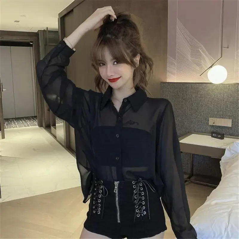 Sexy Backless Beaded Women Club Party Shirts Casual Long Sleeve See Through Blouse Summer Fashion Loose Top Female Clothing L204