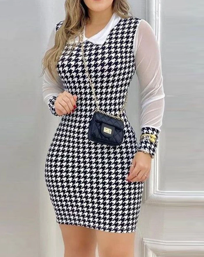 Casual Womens Dresses Spring Houndstooth Print Turn-Down Collar Bodycon Dress Transparent Mesh Long Sleeve Slim Fit Mini Dress