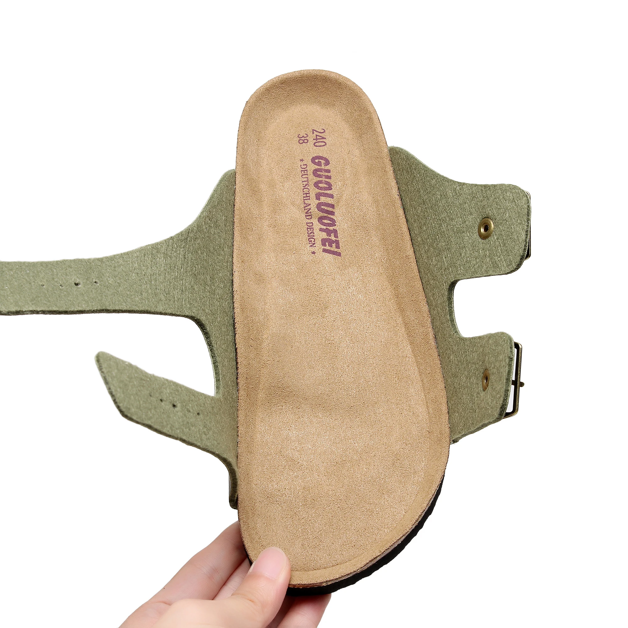Green Cork Footbed Slide Sheepskin Leather Flat Sandals Arch Support Slippers on Summer Open Toe Outdoor Slippers