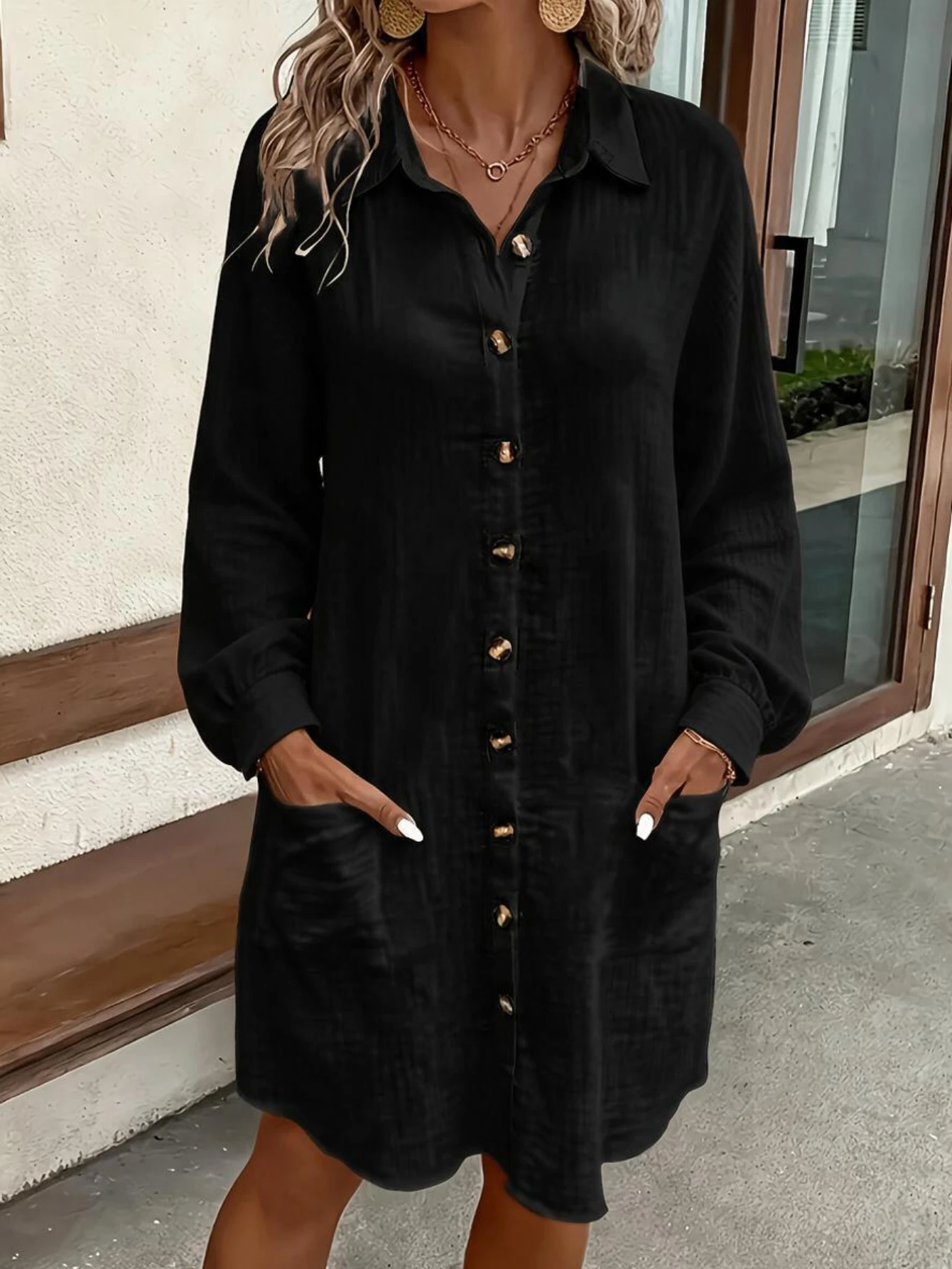 Frühling Sommer Damen Hemdkleid mit Umlegekragen, Locker Geschnittenes Übergroßes Midi-Kleid mit Knopfleiste und Seitentaschen, Lässiges Strandkleid – Detail 2