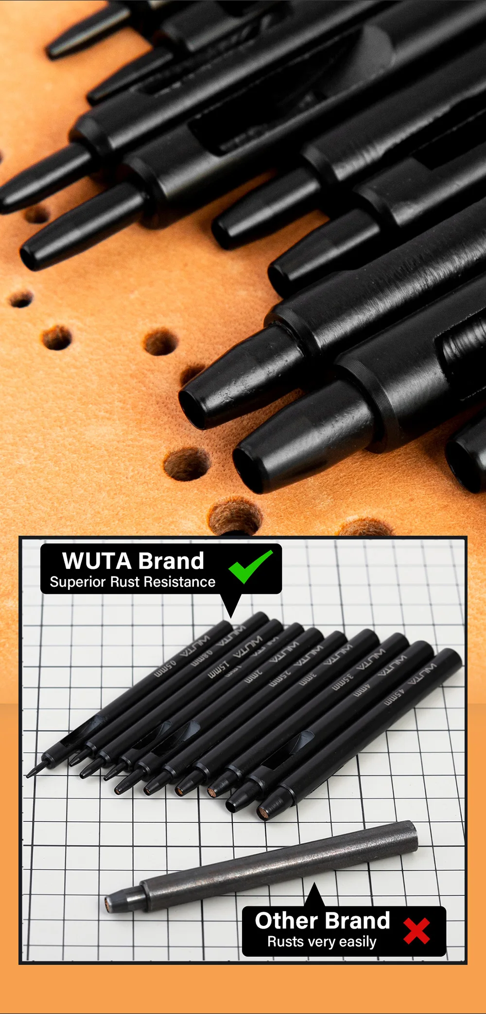WUTA 5-15Pcs Basic Black Anti-rust Leather Hollow Punch Set Round Hole Puncher DIY Craft Working Tools Kit for Belt, Watch Strap