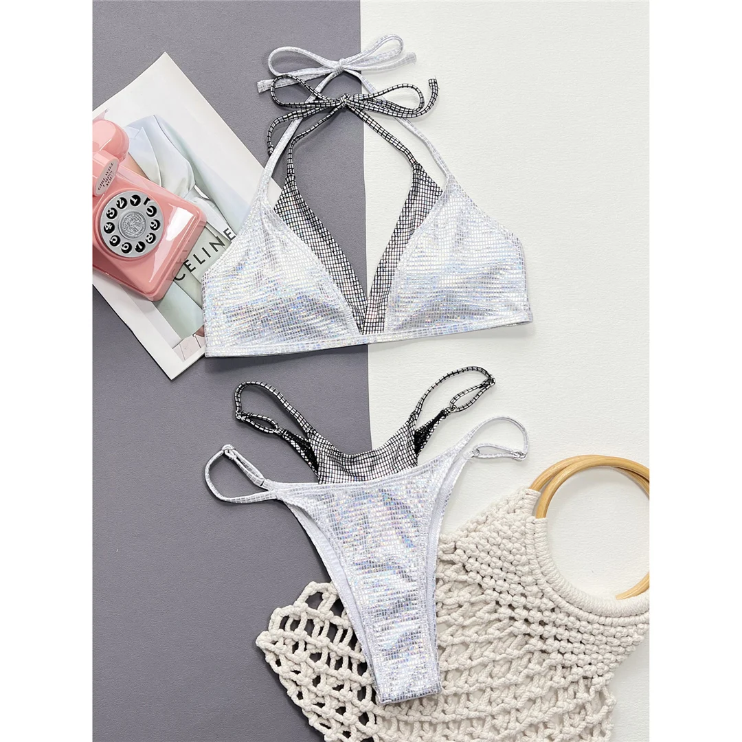 Glänzender, mit Pailletten besetzter, hoch geschnittener Bikini mit Neckholder-Ausschnitt, Damen-Badeanzug, zweiteiliges Bikini-Set, Badebekleidung, Badeanzug, Modell V4609. – Detail 9