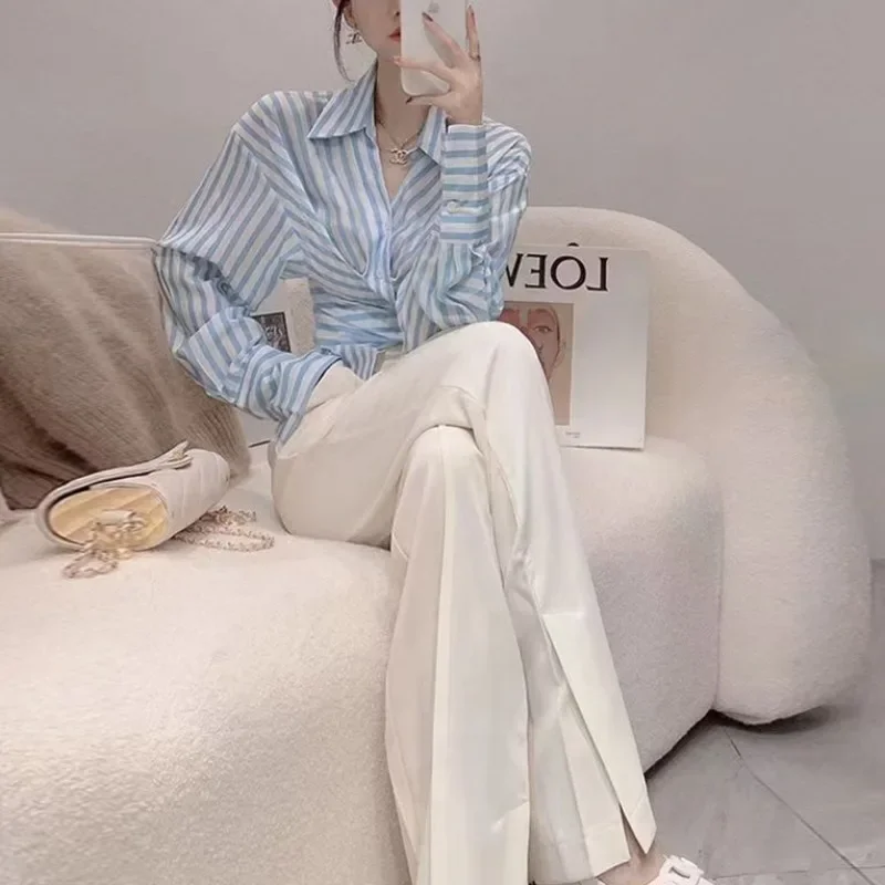 Trousers Woman Office Wide Leg Shirt Spring Autumn Professional Baggy Stripe Blouse and Pant Sets for Women 2 Pieces Co Ord Full