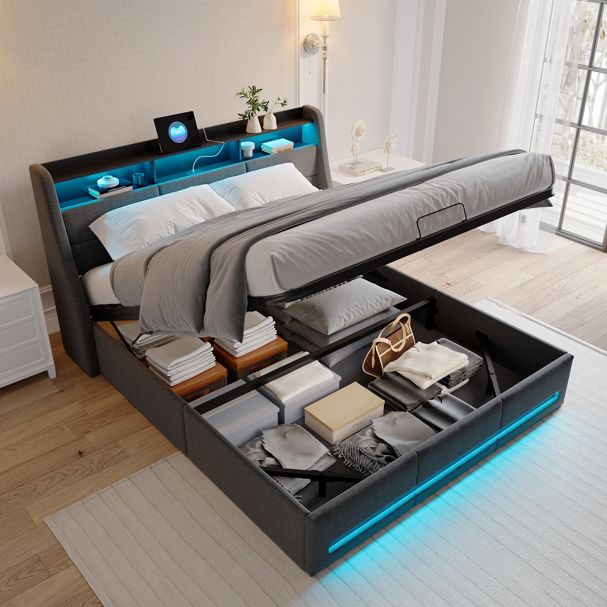 Rosahqnda Polsterbett 160x200 cm mit LED- und USB-Kopfteil, Doppelbett mit Lattenrost, hydraulischem Stauraum, Leinen