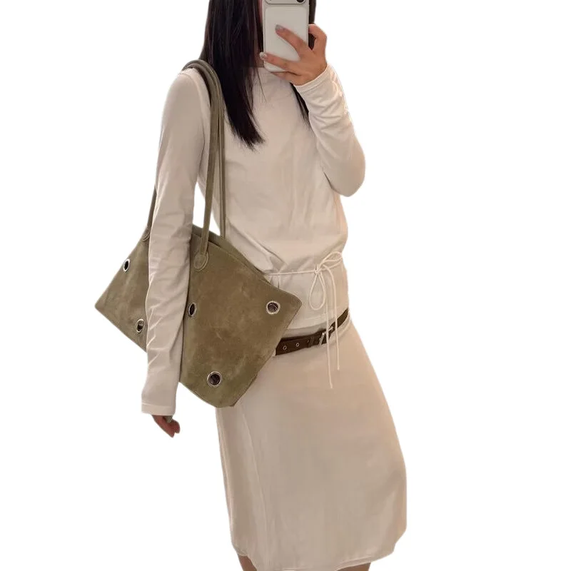 Women Eyelet Tote Bag Distressed Suede Large Shoulder Bag Vintage Casual Commute Handbag Big Capacity Travel Bag