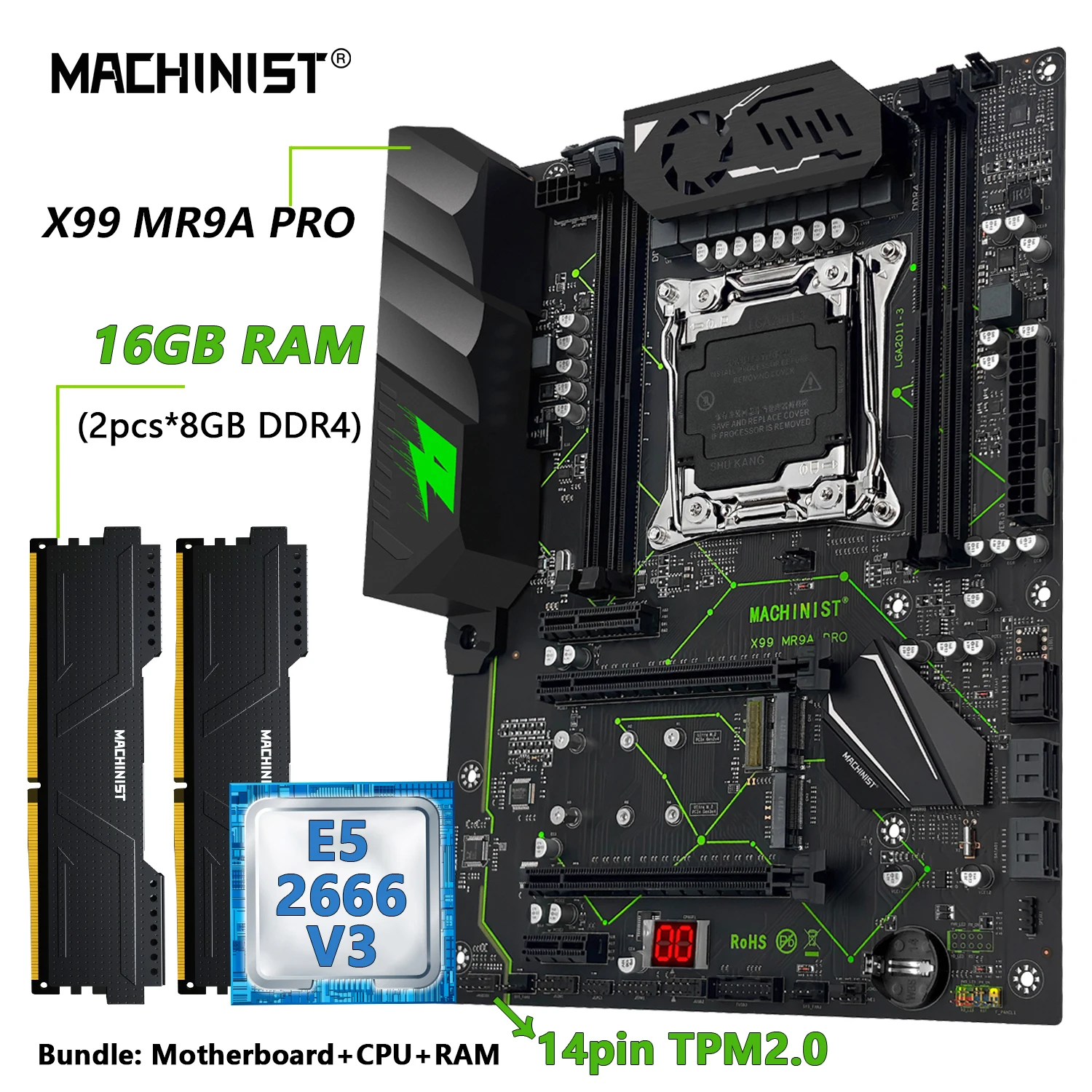 Płyta główna MACHINIST X99 TPM2.0 z opcjonalnym procesorem Xeon E5 2666 V3 i zestawem pamięci RAM DDR4 16GB, czterokanałowa ATX MR9A PRO USB3.0