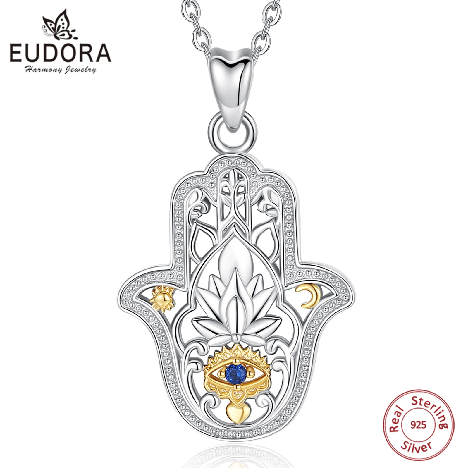 

Eudora 925 Sterling Silver Fatima Hamsa Hand Pendant Turkish Evil eye Lucky Lotus Necklaces Spiritual Jewelry for Women Men Gift