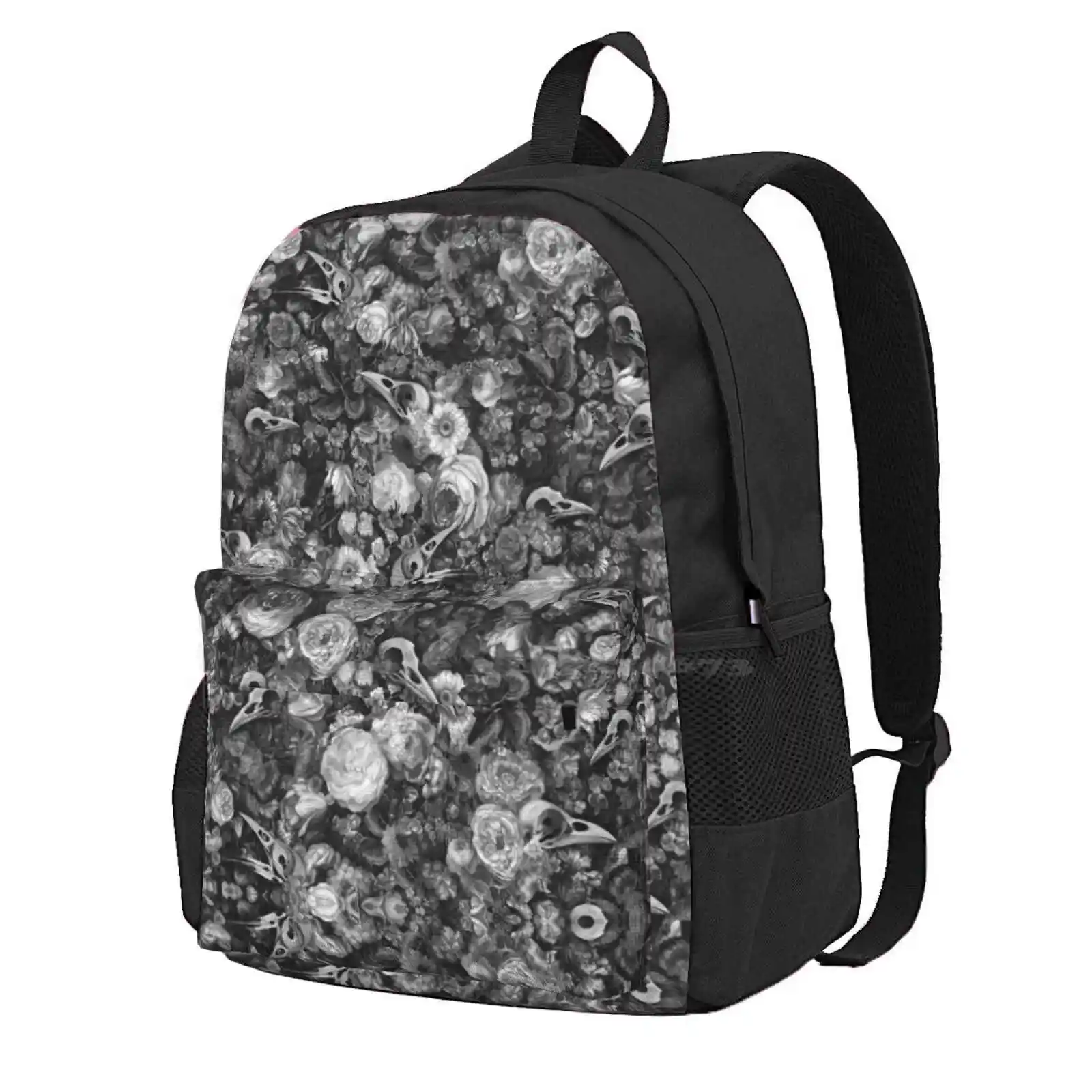 Baroque Macabre Ii Hot Sale Schoolbag Backpack Fashion Bags Baroque Floral Grayscale Vintage Flower Halloween Rose Bird Skull