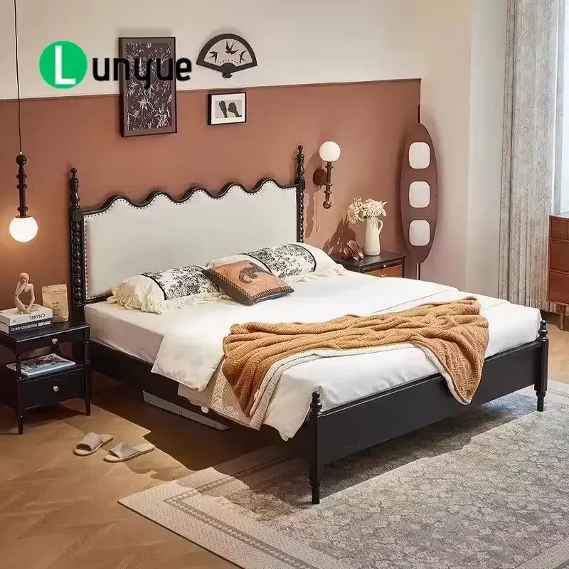 Modern Solid Wood Double Bed 1.8m Mid Century Platform Frame with Soft Upholstered Headboard Hand Carved Details for Bedroom