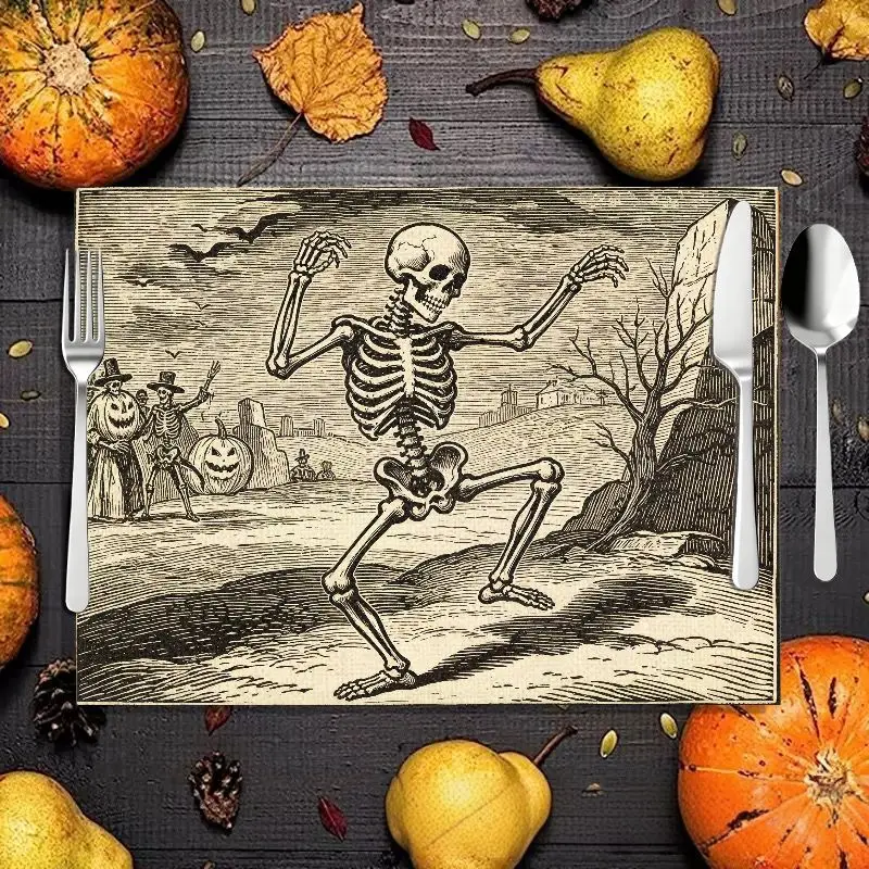 VIKAMA Vintage Dancing Skeleton Halloween Placemat Retro Print Linen Spooky Dinner Party Table Decor