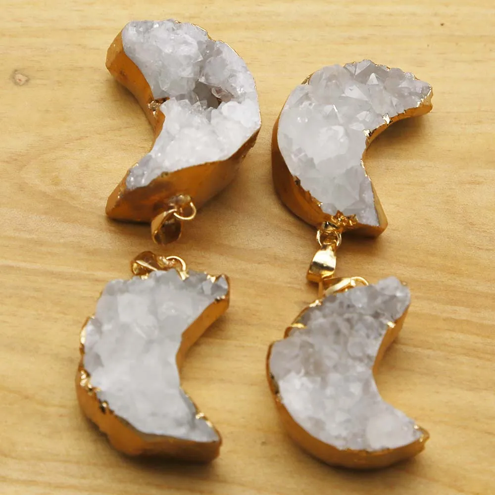 New Natural Raw Ore Gold Edged White Crystal Cluster Moon Necklace Pendant Fashion Charm Jewelry Gift Accessories Wholesale 4Pcs