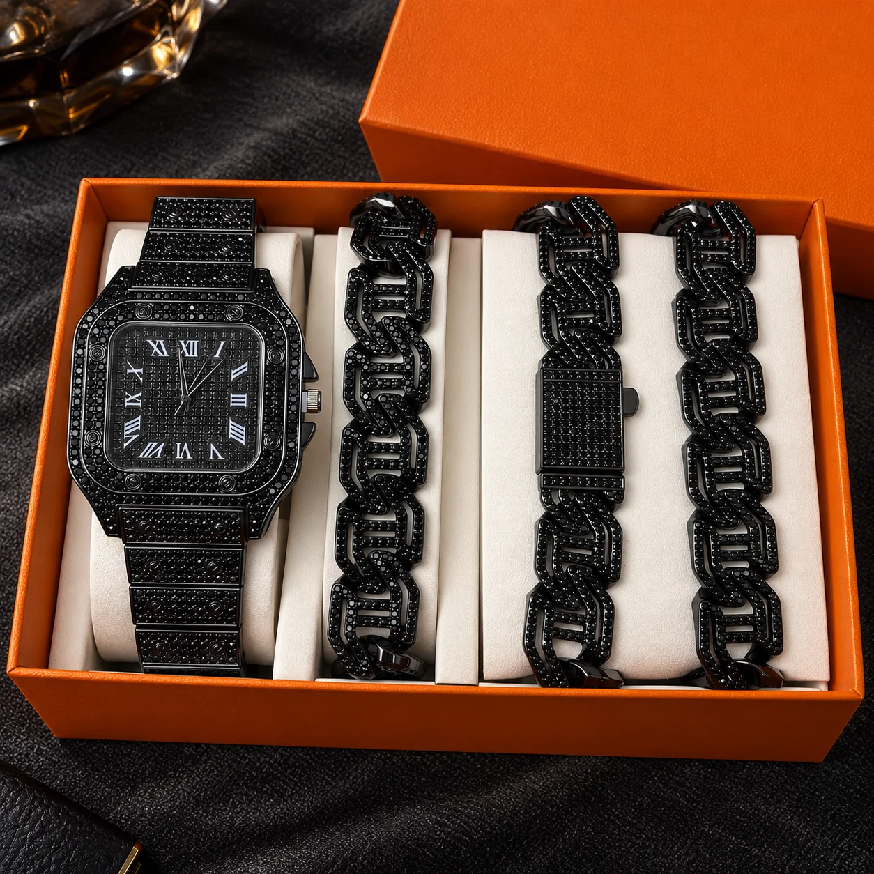 3pcs Black Color Tennis Chain Hip Hop Necklace Watch Iced Out Bling Chain Jewelry Sets for Men Woman