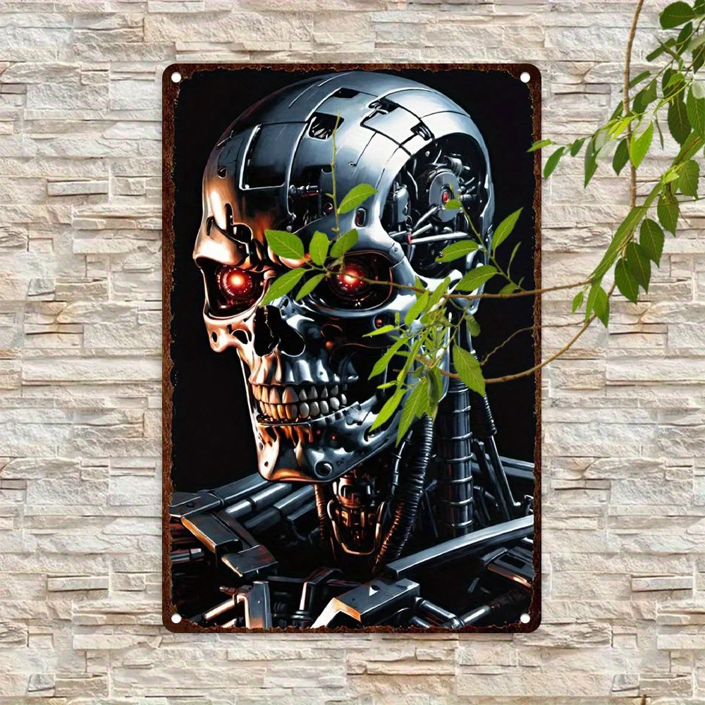 HD Tin Sign Terminator T-800 Endoskeleton Vintage Wall Decor - Retro Sci-Fi Robot Skull Art Metal Tin Sign for Man Cave Decor