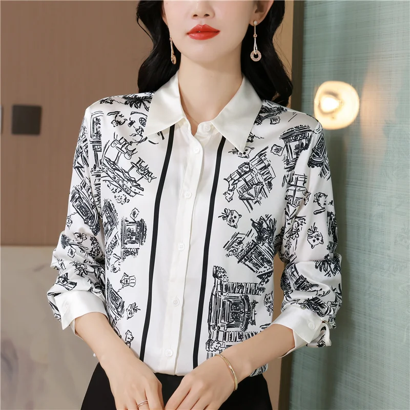 

Vintage Women's Blouses Printed Casual Shirts Fashion Loose Summer French Clothing Long Sleeved Satin Women Tops