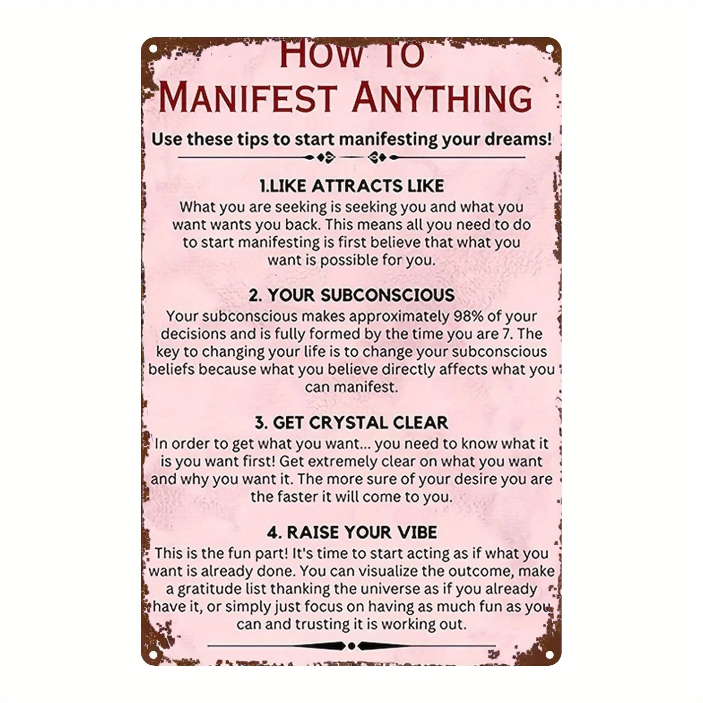 1 pieza de cartel metálico con la frase: "Cómo manifestar cualquier cosa: Eleva la Ley de la Atracción y el Poder de tu Mente Subconsciente" - Figuras Icónicas