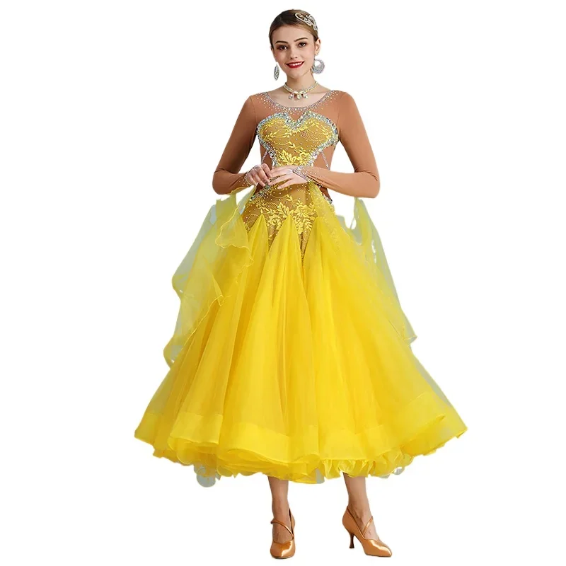 2024 New Yellow Color Ballroom Dance Competition Dress For Woman Waltz Dresses Standard Dance Dress Women Ballroom Costumes