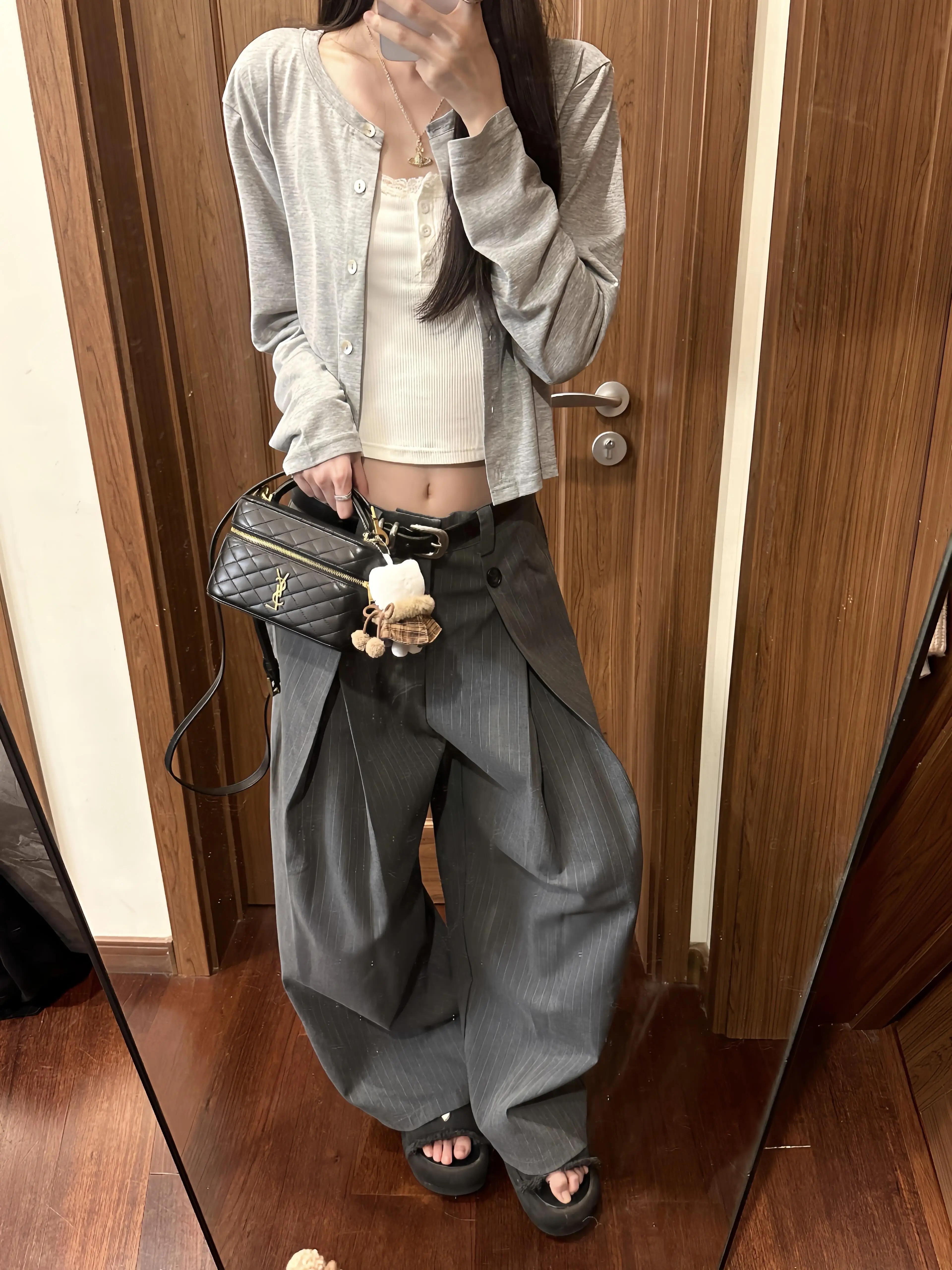 Gray Wide Leg Casual Pants Men's Straight Cut Suit Trousers Retro American Street High Design Sensation for Men And Women
