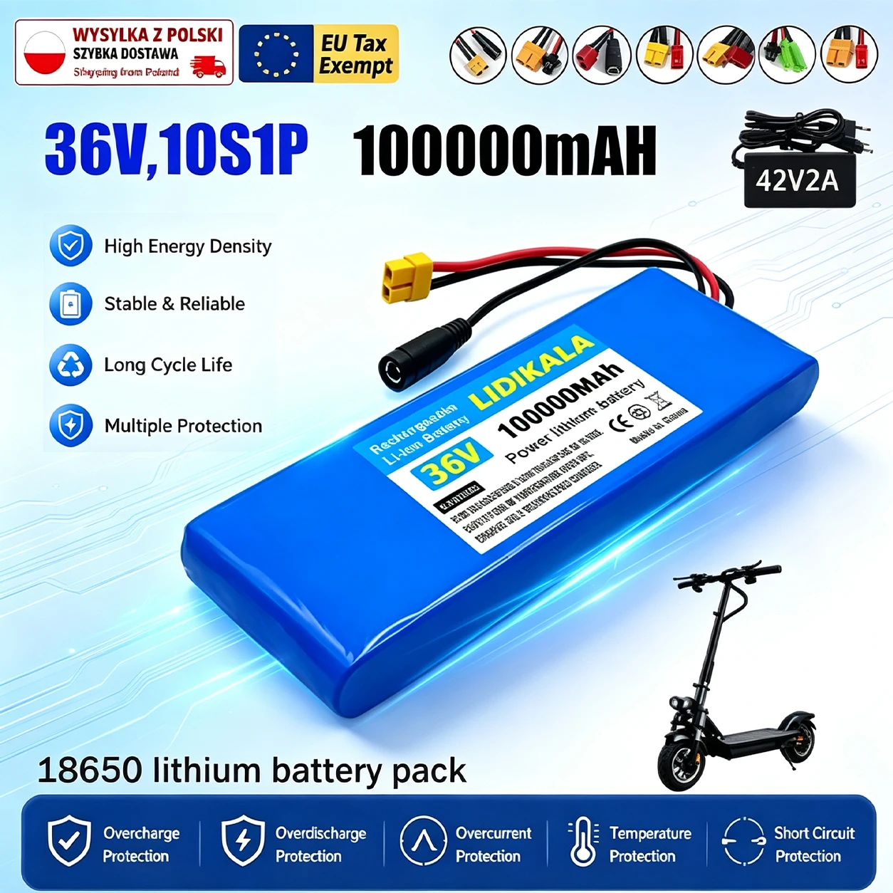 Pacco batteria agli ioni di litio da 36 V, configurazione 10S1P, elevata capacità di 100.000 mAh, caricabatterie da 42 V e 2 A, dotato di BMS, per scooter, biciclette e progetti fai-da-te.
