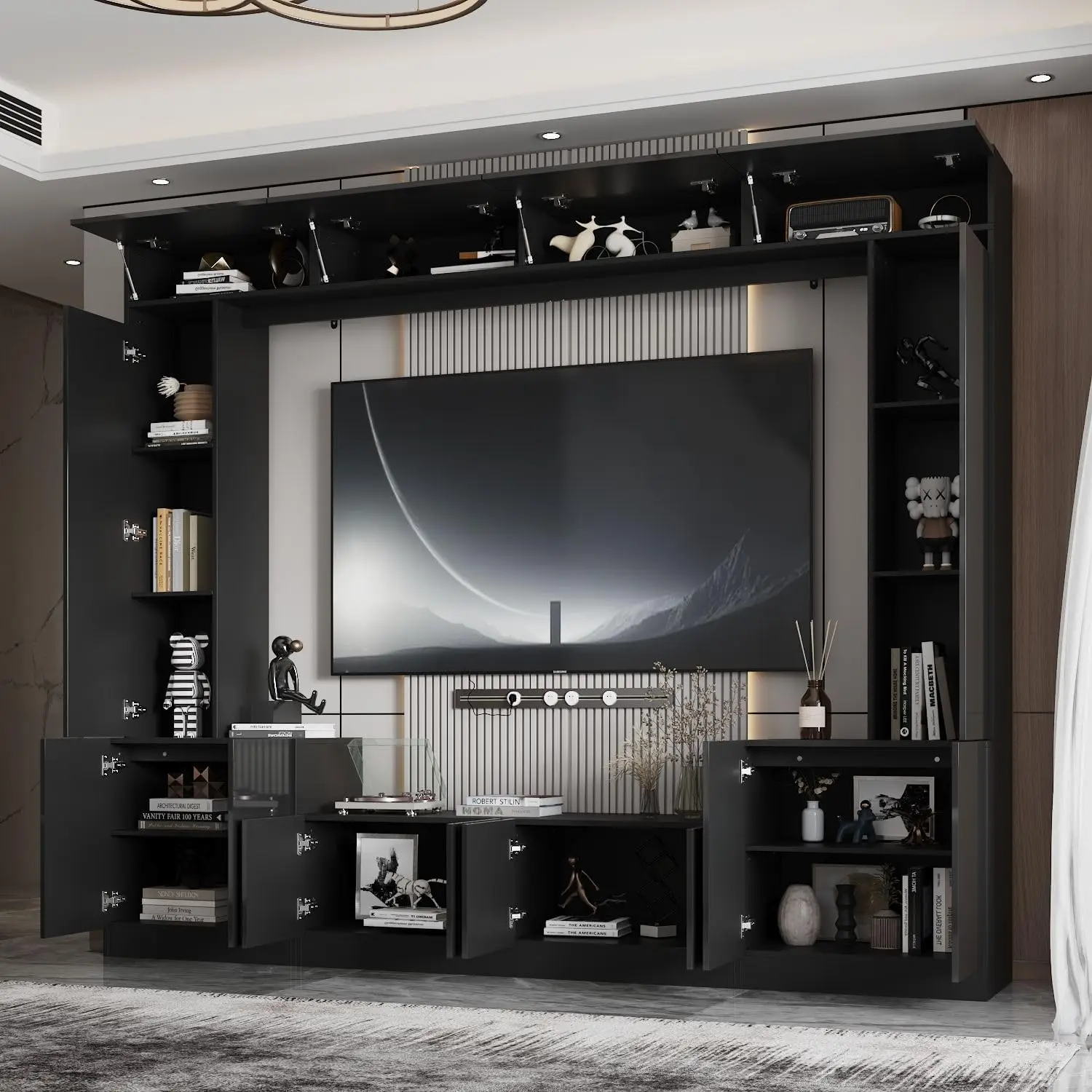 High Gloss Entertainment Center com portas e prateleiras, Glossy Media Center, Unidade de parede TV com ponte, 94,5 polegadas