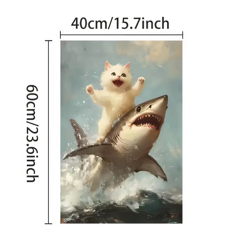 Whimsical White Cat Riding Shark Metal Tin Wall Art - 60x40cm Funny Cartoon Design, Iron Material, Perfect for Home, Bar, Cafe D