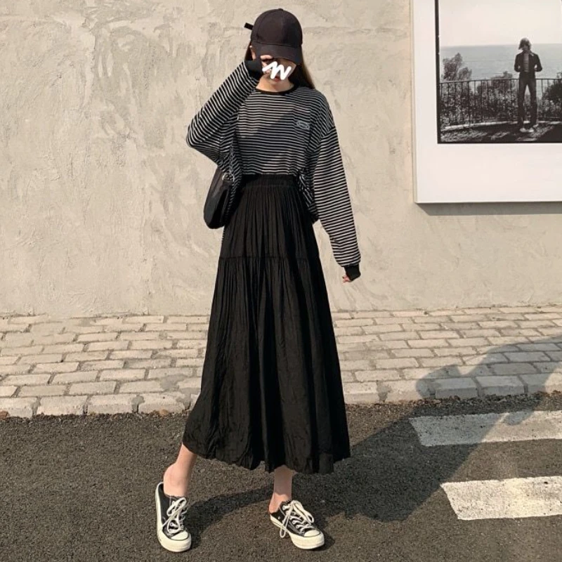 

Skirts Women Folds Solid Empire Spring Harajuku Elegant All-match Korean Style Lovely Friends A-line Mid-calf Daily Casual Ins
