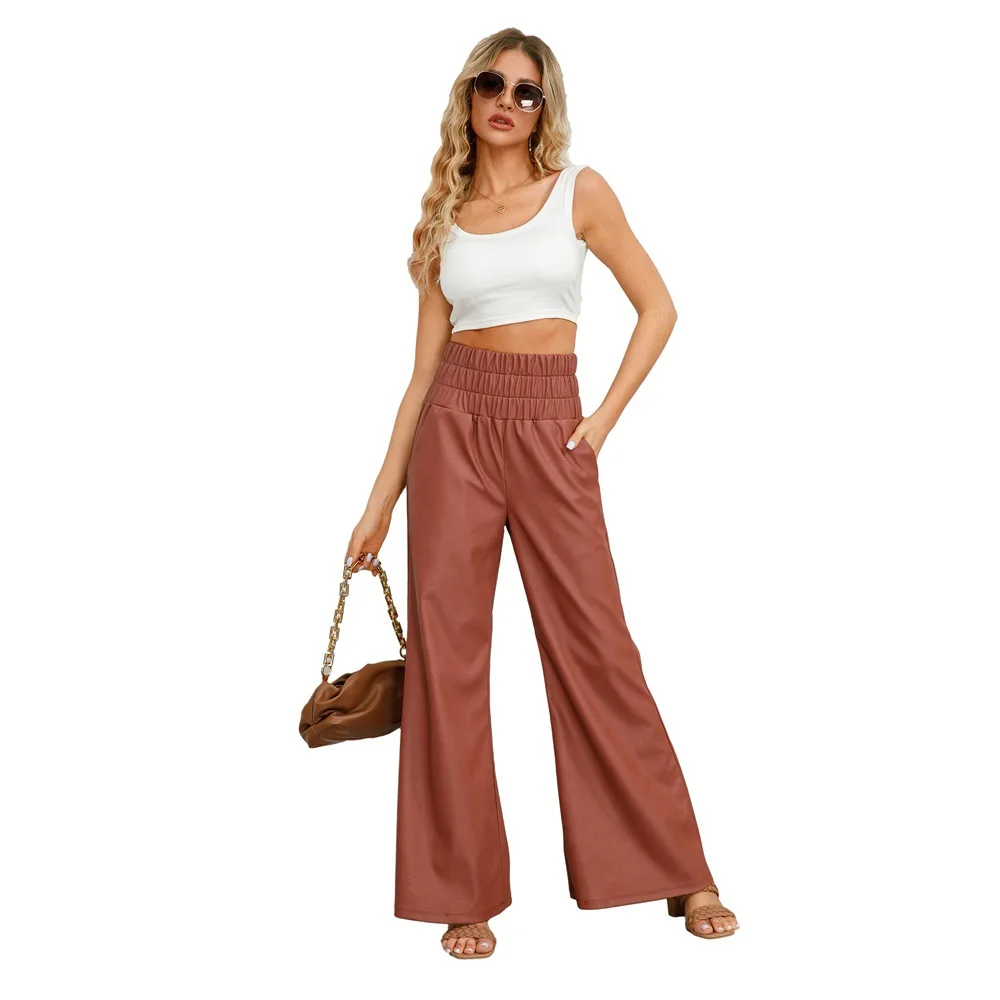 Prowow Women's Pant Fashion Pu Leather Black Wide Leg Trousers High Waisted Solid Color Brown Slim Fit Streetwear Female Bottoms