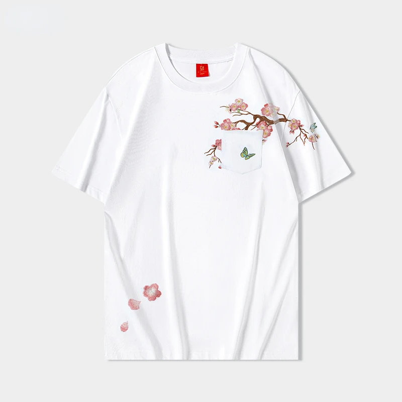 Summer Men T Shirt Harajuku Embroidery Flower Vintage T Shirt Cotton Short Sleeve Japanese Designer Tees Baggy Pocket Youth 2024