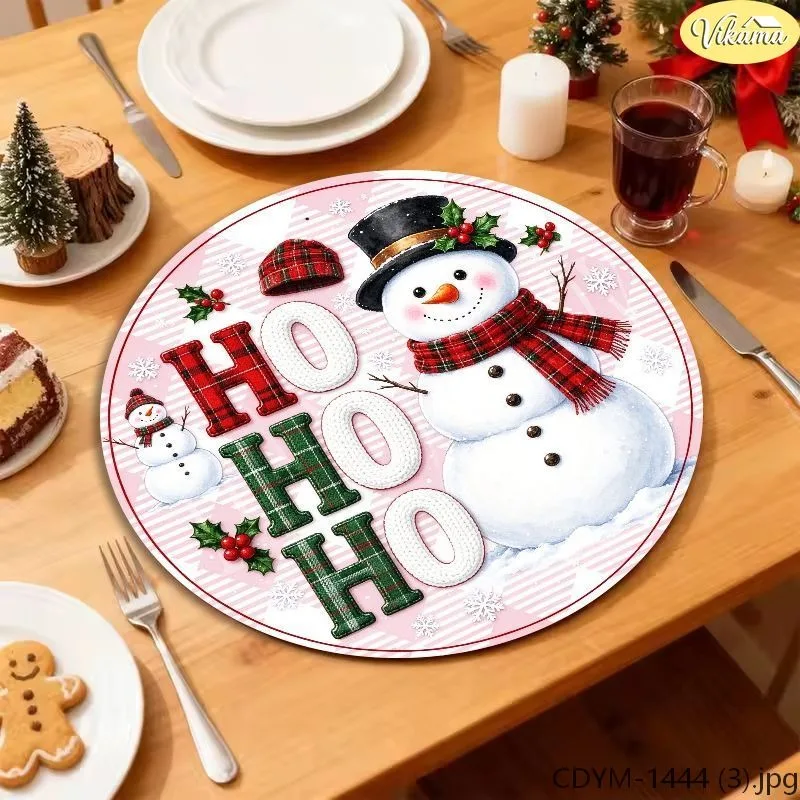 VIKAMA Washable Round Christmas Placemat, White Red Snowflake Mandala Reindeer Snowman Penguin Polar Bear Rabbit