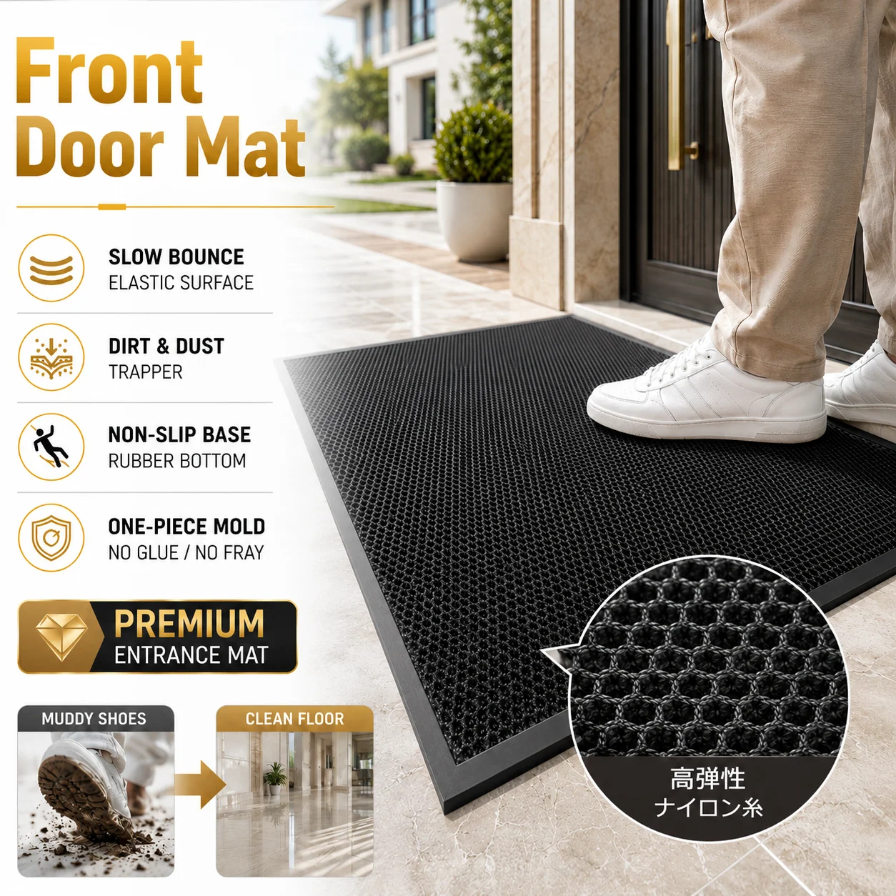 Elastic Slow Rebound Doormat Non Slip Rubber Base Dirt Trapper Wear Resistant Thick Floor Pad for Entrance Villa Home Outdoor