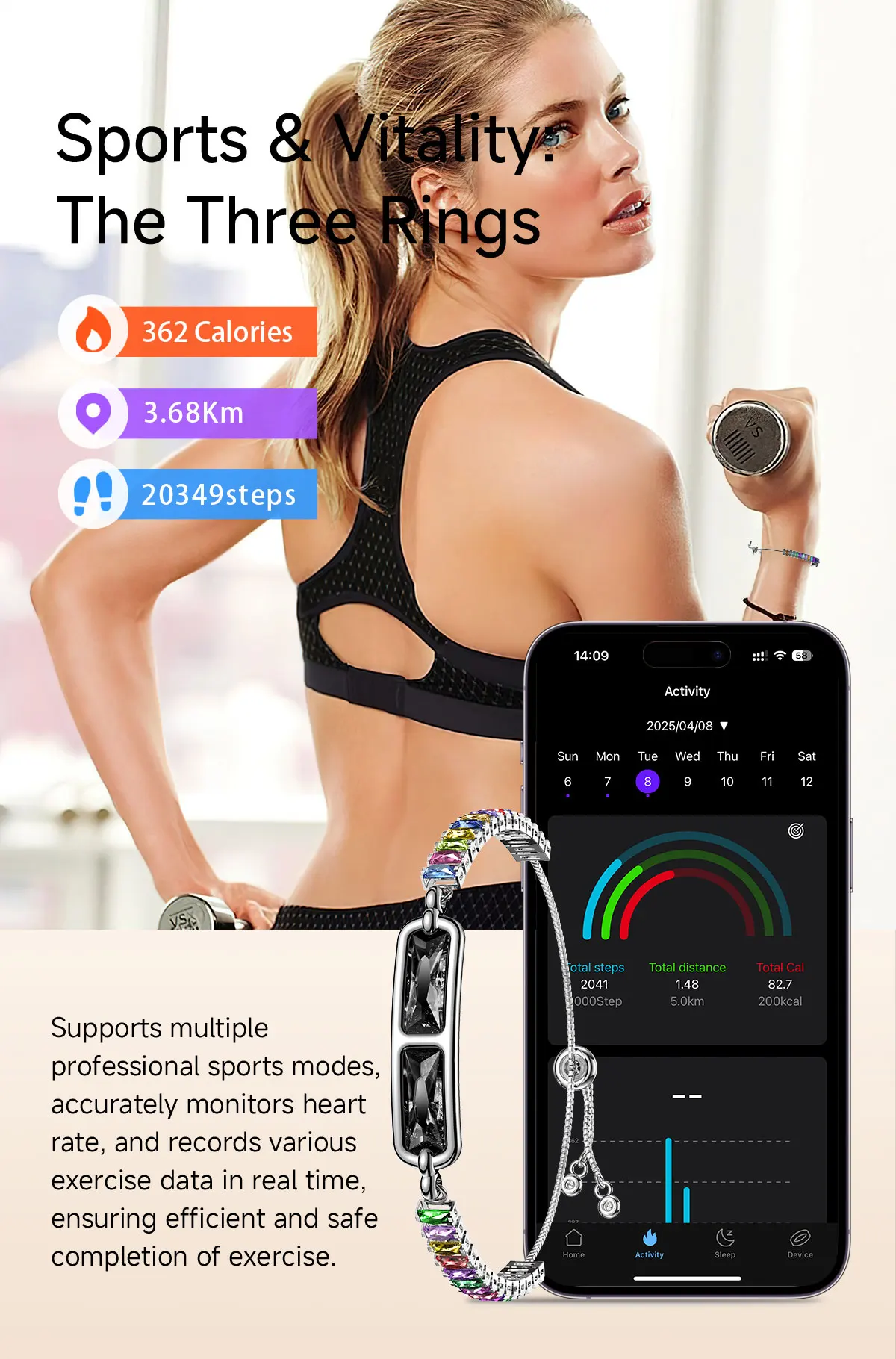 Pulseira Inteligente BH3 IP68 à Prova d'Água, Monitor de Fitness, Frequência Cardíaca, Sono e SpO2, Pulseira de Relógio Esportivo com Corrente de Pedr