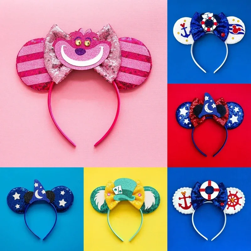 Disney White Pearls Mickey Mouse Ears Headbands for Women Colors Soft Cotton Bow Hair Accessories Girl Minnie Hairband Kids Gift